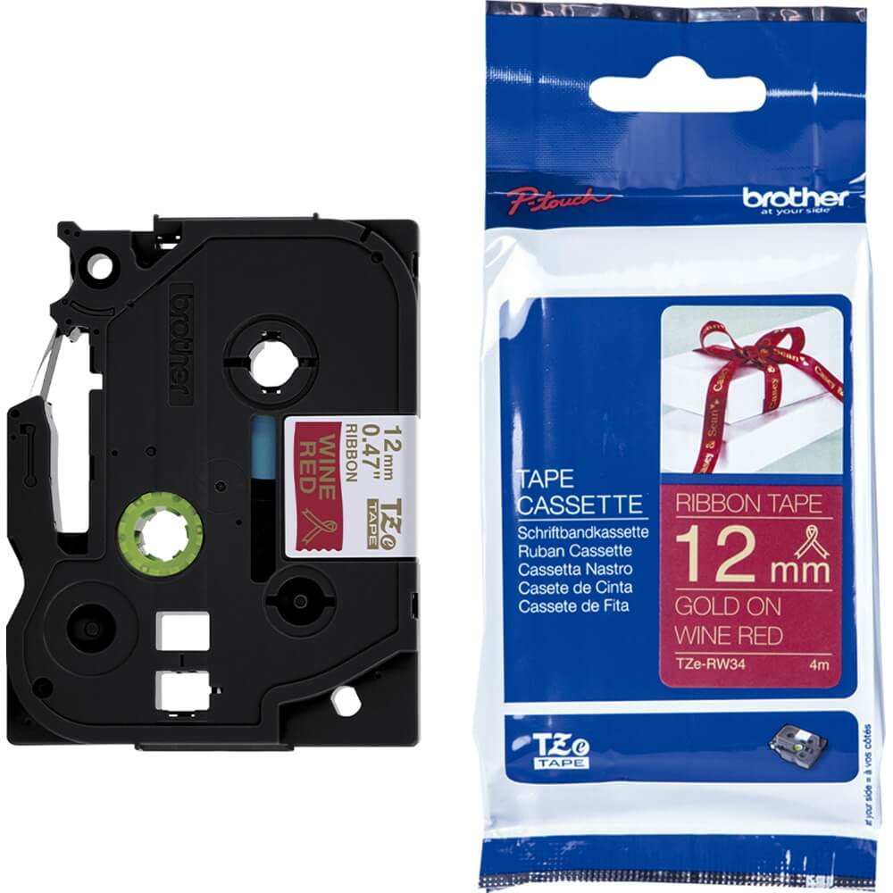 Fita Brother TZE-RW34 12mm Ouro sobre Cetim Vinho - Impressorajato